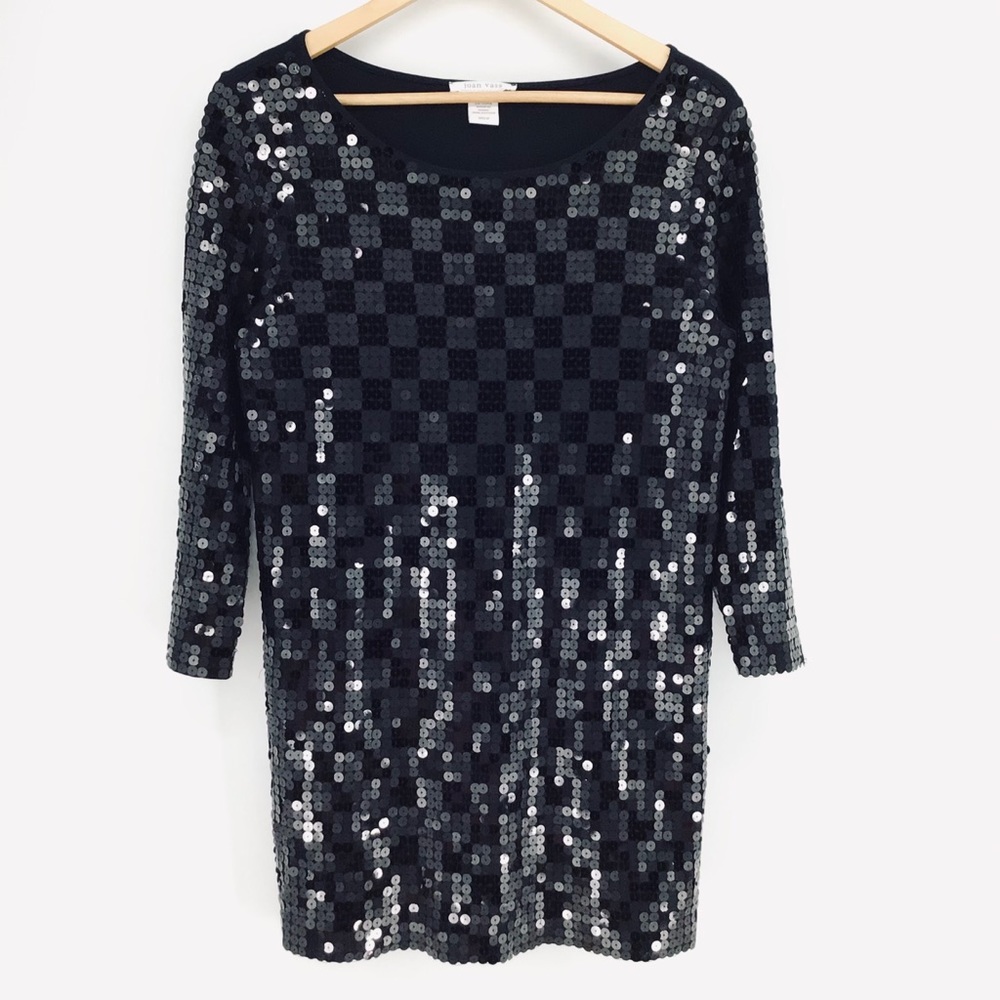 NEW Joan Vass Black Sequin Square Boat-Neck Tunic